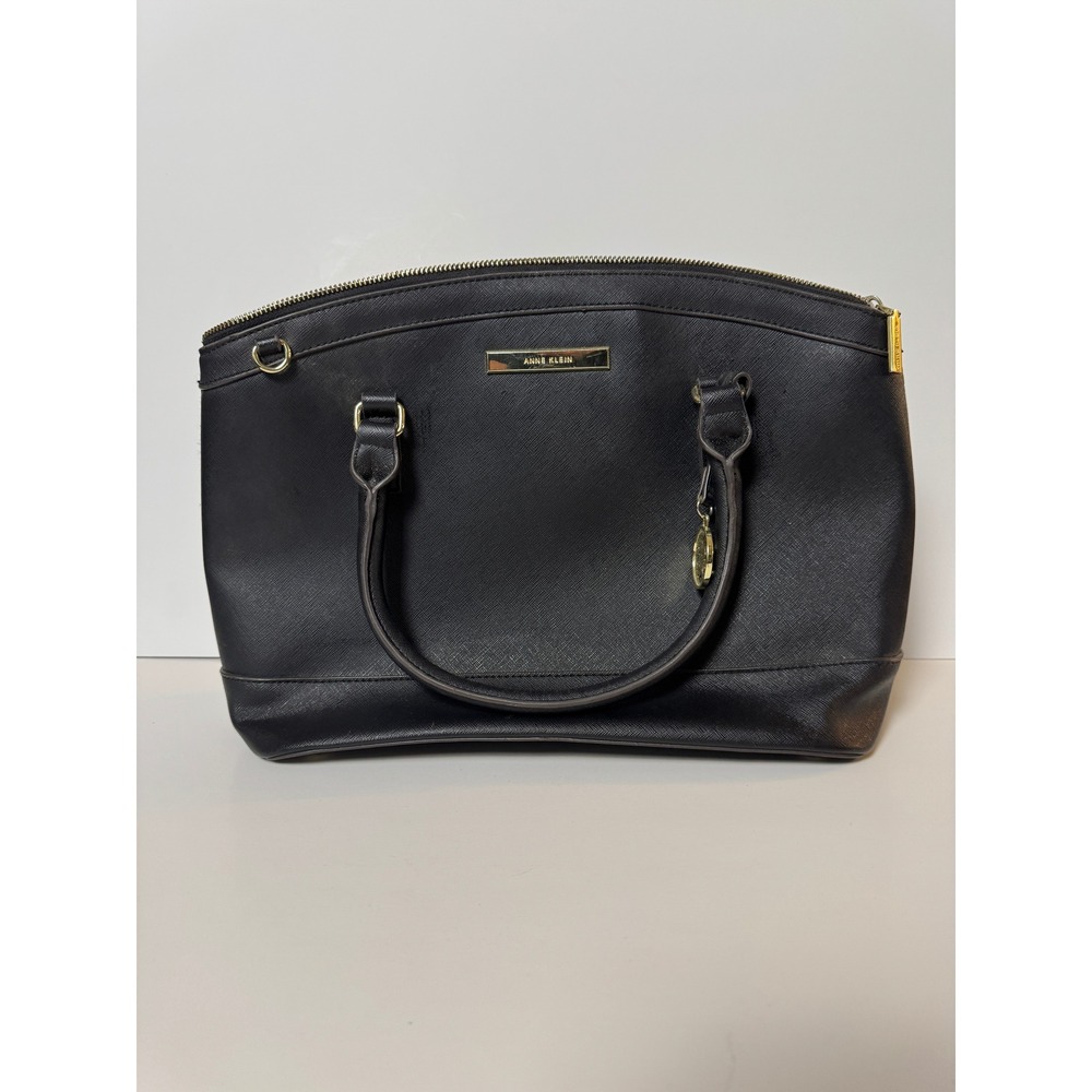 Anne Klein Black Saffiano Faux Leather Satchel Handbag Gold Hardware Polka Dot